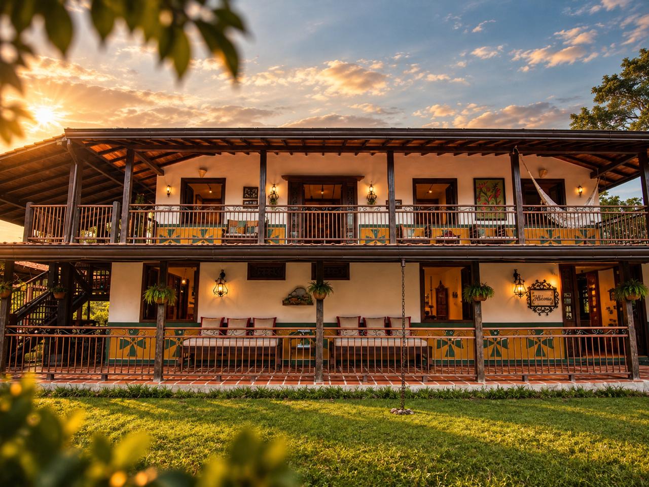 Fachada de Casa Heliconia al atardecer