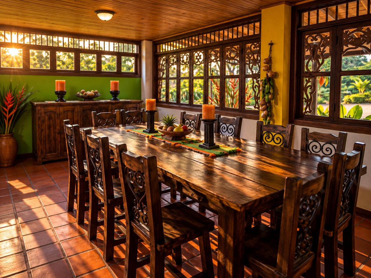 Comedor interior con mesa larga en madera